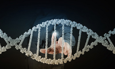 基因生物技术研究符号为文本,以双螺旋结构为生物学科学发现,以生物化学研究为三维插图