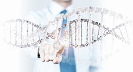 基因生物技术研究符号为文本,以双螺旋结构为生物学科学发现,以生物化学研究为三维插图